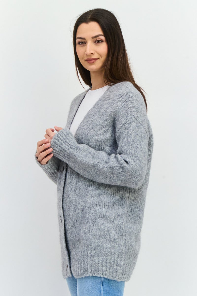 HUGO BOSS Women V-Neck Textured Cardigans, Grey - Image 2